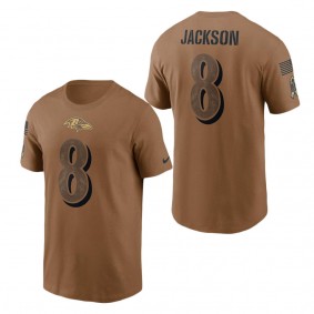 Men's Baltimore Ravens Lamar Jackson Brown 2023 NFL Salute To Service Name & Number T-Shirt