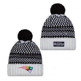 Women's New England Patriots Black White 2023 NFL Crucial Catch Cuffed Pom Knit Hat